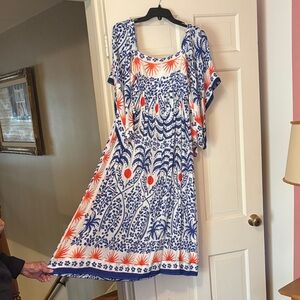 FARM Rio White Midi Dress with Blue Botanical and Orange Accents